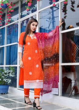 Orange Pure Cotton Kota Doria Embroidered Readymade Suit Paired with a Multicolour Bhandej Dupatta