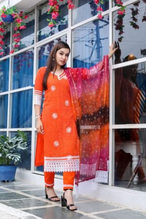 Orange Pure Cotton Kota Doria Embroidered Readymade Suit Paired with a Multicolour Bhandej Dupatta