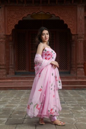 PINK ORGANZA HAIND PAINTED SUIT SET