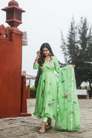 Green organza hand painted suit set