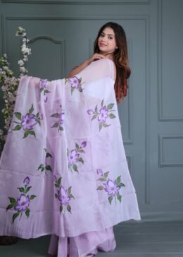 PASTEL PURPLE ORGANZA FLORAL PRINT SAREE WITH BLOUSE