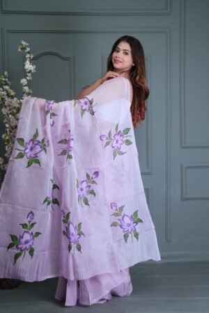 PASTEL PURPLE ORGANZA FLORAL PRINT SAREE WITH BLOUSE