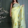 LIGHT YELLOW ORGANZA FLORAL PRINT SAREE WITH BLOUSE