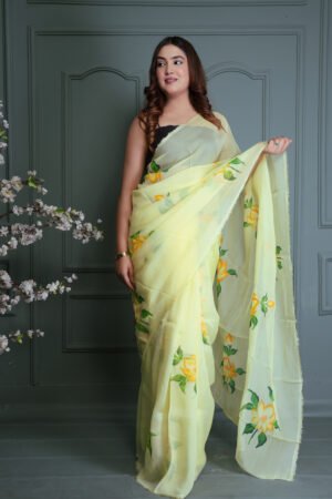 LIGHT YELLOW ORGANZA FLORAL PRINT SAREE WITH BLOUSE