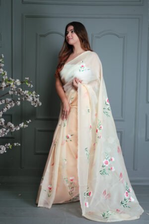 LIGHT PEACH ORGANZA FLORAL PRINT SAREE WITH BLOUSE