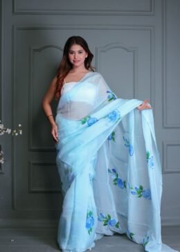 FIROZI ORGANZA FLORAL PRINT SAREE WITH BLOUSE