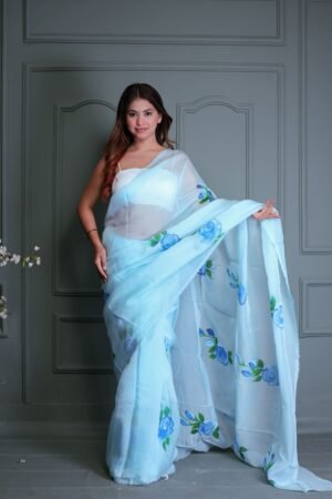 FIROZI ORGANZA FLORAL PRINT SAREE WITH BLOUSE