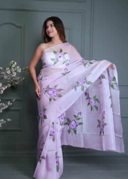 PASTEL PURPLE ORGANZA FLORAL PRINT SAREE WITH BLOUSE