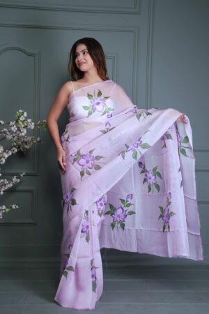 PASTEL PURPLE ORGANZA FLORAL PRINT SAREE WITH BLOUSE