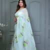 PASTEL SEA GREEN ORGANZA FLORAL PRINT SAREE WITH BLOUSE