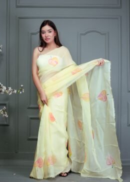 LEMON ORGANZA FLORAL PRINT SAREE WITH BLOUSE