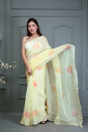 LEMON ORGANZA FLORAL PRINT SAREE WITH BLOUSE