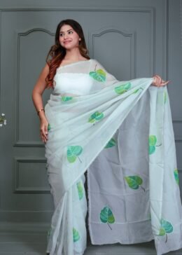 LIGHT PISTA ORGANZA FLORAL PRINT SAREE WITH BLOUSE