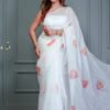 WHITE ORGANZA FLORAL PRINT SAREE WITH BLOUSE