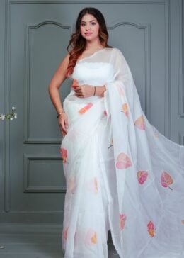 WHITE ORGANZA FLORAL PRINT SAREE WITH BLOUSE