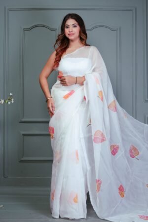 WHITE ORGANZA FLORAL PRINT SAREE WITH BLOUSE