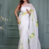 WHITE ORGANZA FLORAL PRINT SAREE WITH BLOUSE