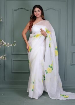 WHITE ORGANZA FLORAL PRINT SAREE WITH BLOUSE