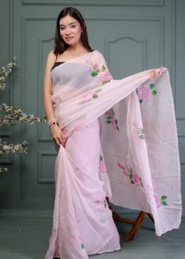 LIGHT PINK ORGANZA FLORAL PRINT SAREE WITH BLOUSE