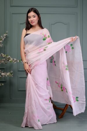 LIGHT PINK ORGANZA FLORAL PRINT SAREE WITH BLOUSE