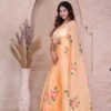 GOLDEN ORGANZA FLORAL PRINT SAREE WITH BLOUSE