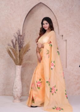 GOLDEN ORGANZA FLORAL PRINT SAREE WITH BLOUSE