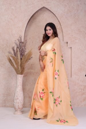 GOLDEN ORGANZA FLORAL PRINT SAREE WITH BLOUSE