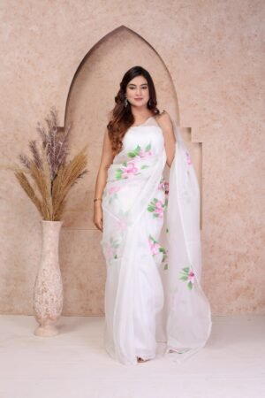 WHITE ORGANZA FLORAL PRINT SAREE WITH BLOUSE