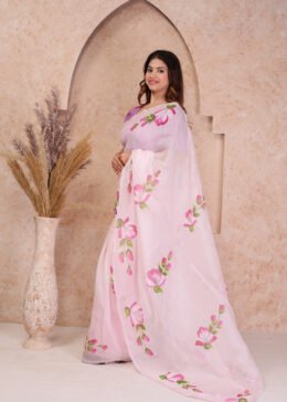 BABY PINK ORGANZA FLORAL PRINT SAREE WITH BLOUSE