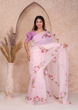 BABY PINK ORGANZA FLORAL PRINT SAREE WITH BLOUSE