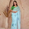 SKY BLUE ORGANZA FLORAL PRINT SAREE WITH BLOUSE