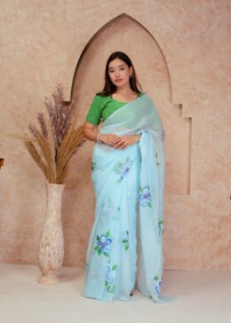 SKY BLUE ORGANZA FLORAL PRINT SAREE WITH BLOUSE