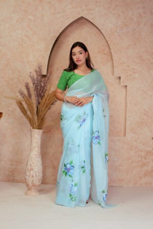 SKY BLUE ORGANZA FLORAL PRINT SAREE WITH BLOUSE