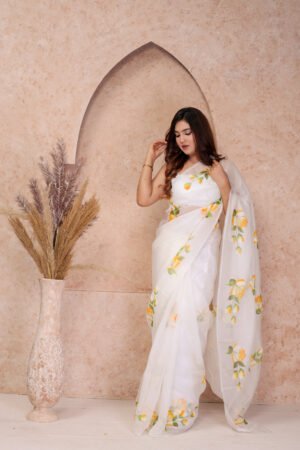 WHITE ORGANZA FLORAL PRINT SAREE WITH BLOUSE