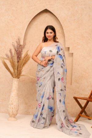 GREY ORGANZA FLORAL PRINT SAREE WITH BLOUSE