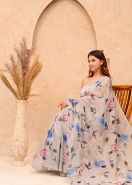 GREY ORGANZA FLORAL PRINT SAREE WITH BLOUSE