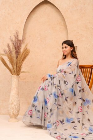 GREY ORGANZA FLORAL PRINT SAREE WITH BLOUSE