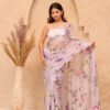 LIGHT PURPLE ORGANZA FLORAL PRINT SAREE WITH BLOUSE