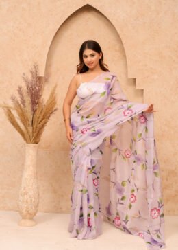 LIGHT PURPLE ORGANZA FLORAL PRINT SAREE WITH BLOUSE