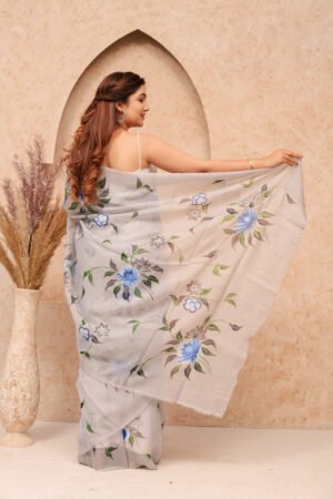 GREY ORGANZA FLORAL PRINT SAREE WITH BLOUSE