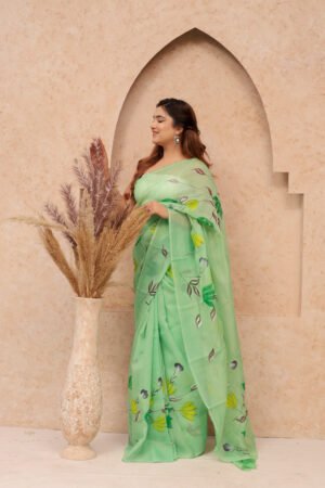 LIGHT GREEN ORGANZA FLORAL PRINT SAREE WITH BLOUSE