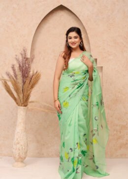 LIGHT GREEN ORGANZA FLORAL PRINT SAREE WITH BLOUSE