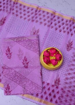 Purple Kota Doria Hand Block Print Unstitched Suit Set