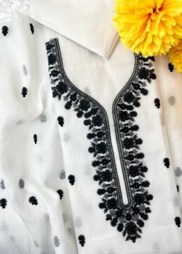 White Kota Doria with Black Embroidery Work Suit Set.