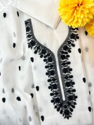 White Kota Doria with Black Embroidery Work Suit Set.