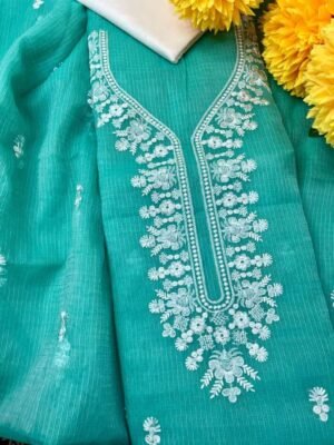 Firozi Pure Cotton Kota Doria Embroidery Work Suit Set.